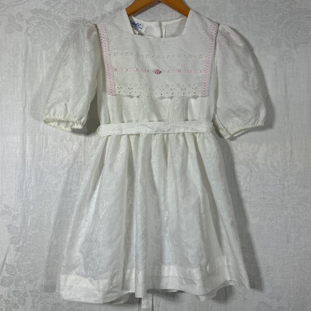 Vintage Celeste Dress 10 White Floral Eyelet Collar Belted Ribbon USA Union Made